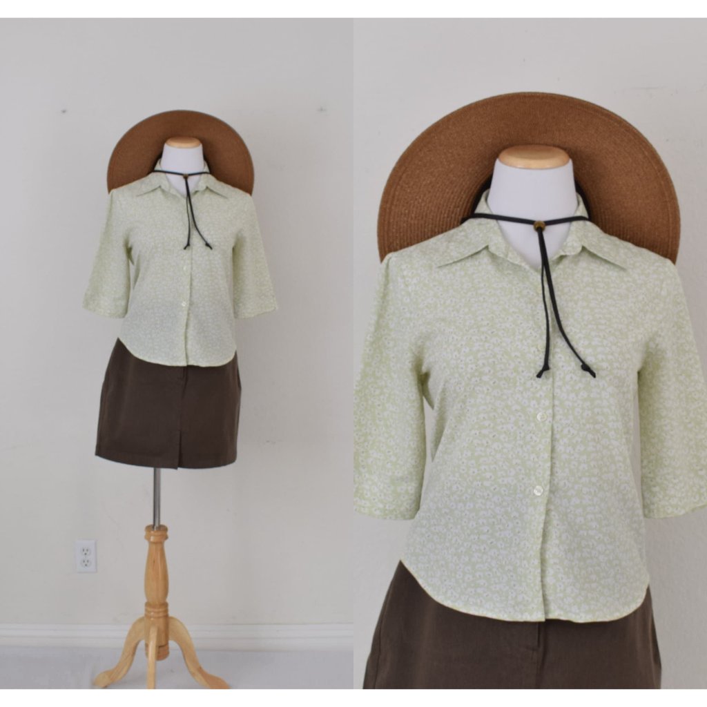 Vintage Ditsy Floral Three Quarter Sleeves Button Up Blouse | 90s Blouse Size M